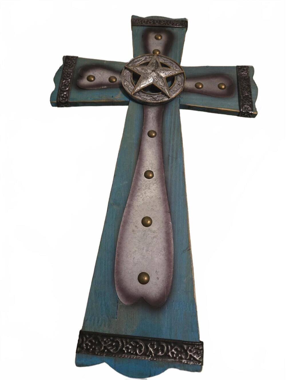 Rustic Blue Wooden 22.5x13" Cross with Metal Star Accent